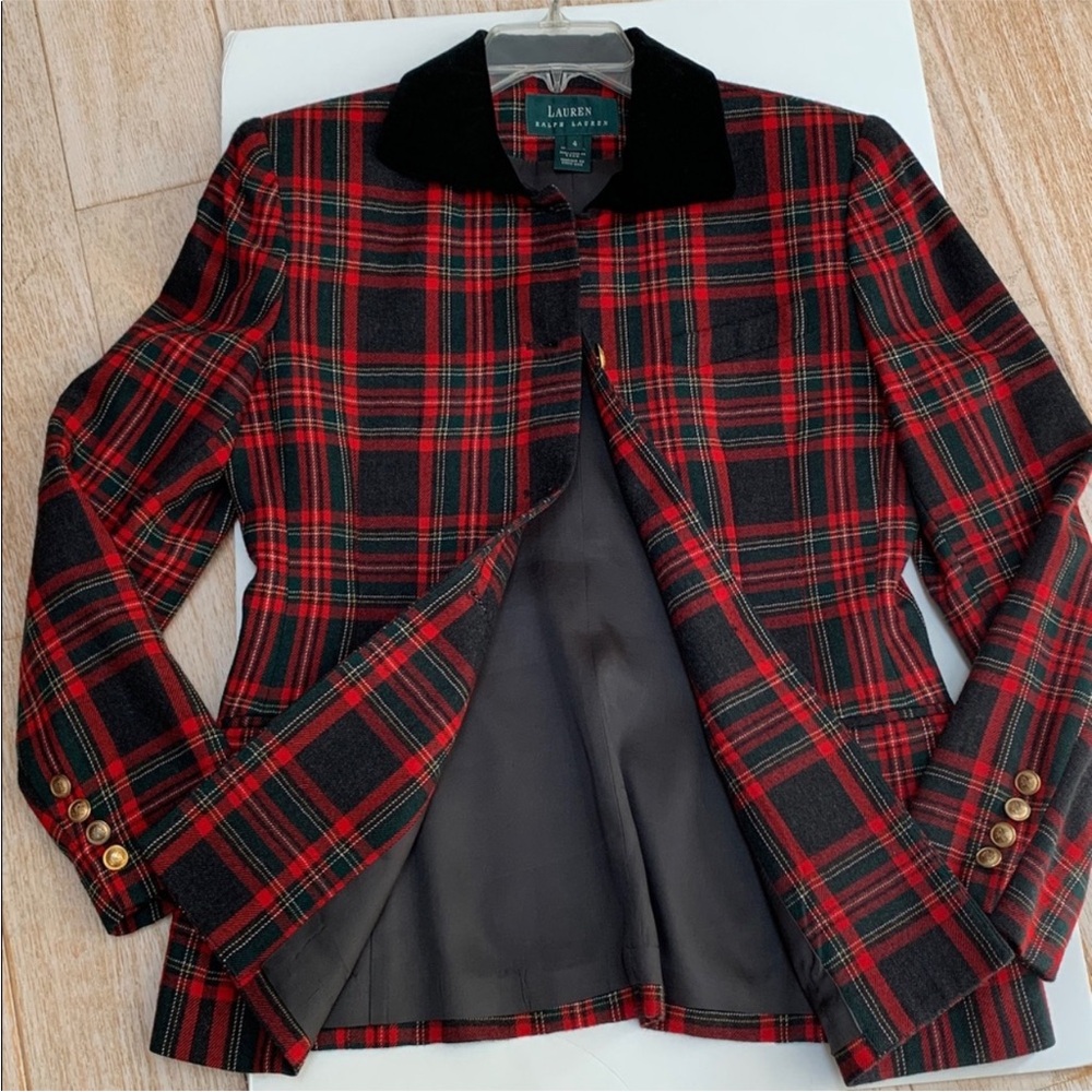 Ralph Lauren Holiday Vintage Tartan Plaid Red Jacket Gold w/ Black Velvet Collar - Picture 9 of 15